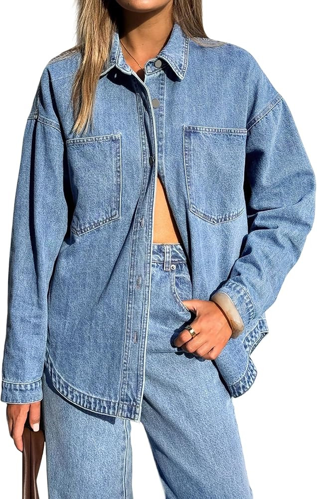 EMMIOL Women Denim Shirts Oversized Long Sleeve Button Down Blouse Distresse Jean Jacket Fall Out... | Amazon (US)