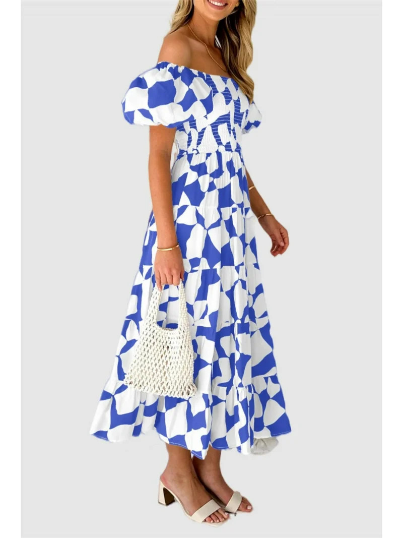 PRETTYGARDEN Women's Summer Boho Midi Dress Off Shoulder Puff Sleeve Print Smocked Ruffle Beach L... | Walmart (US)