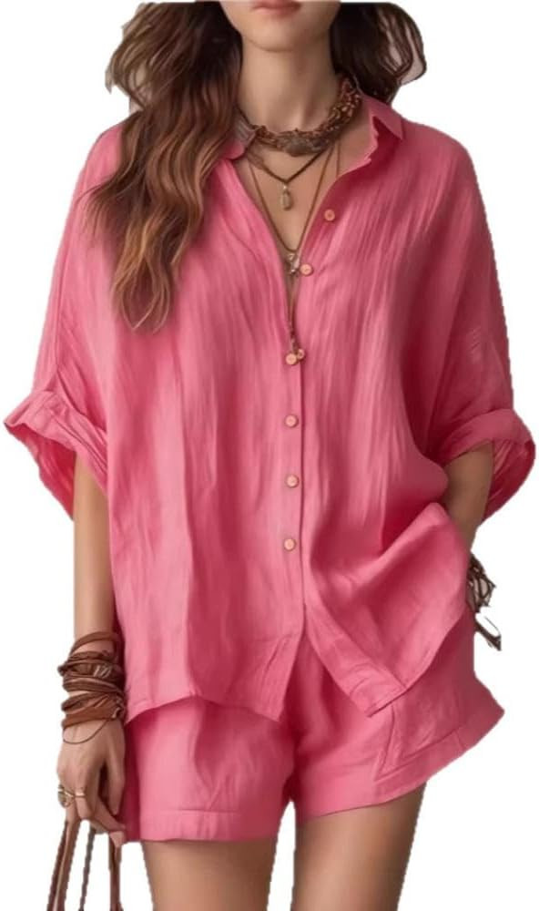Women's 2 Piece Short Sets Casual Oversized Button Down Short Sleeve Lounge Outfits Summe Linen L... | Amazon (US)