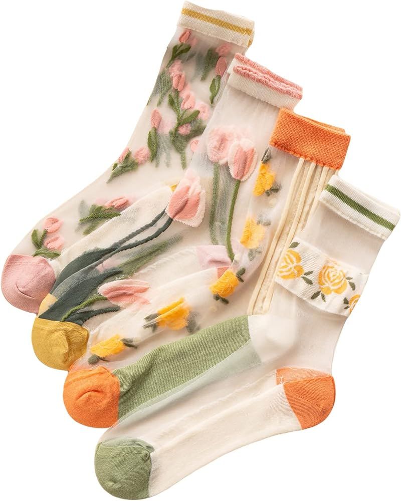 OYOANGLE Women's 4 Pairs Floral Pattern Sheer Crew Socks See Through Midi Socks | Amazon (US)