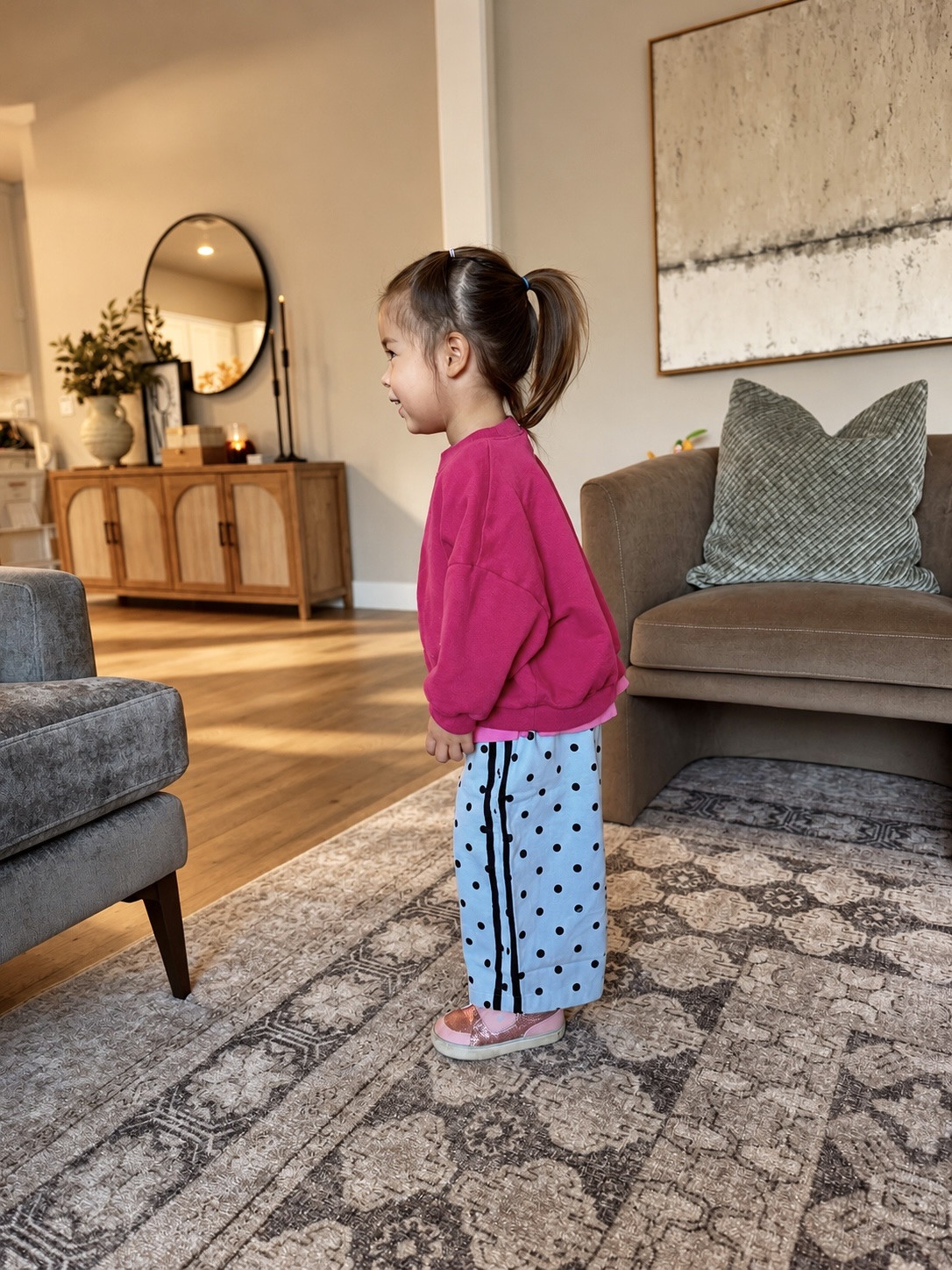 Toddler girl outfit
Pink pullover
Polka dot pants
Fall outfit
Toddler girl sneakers