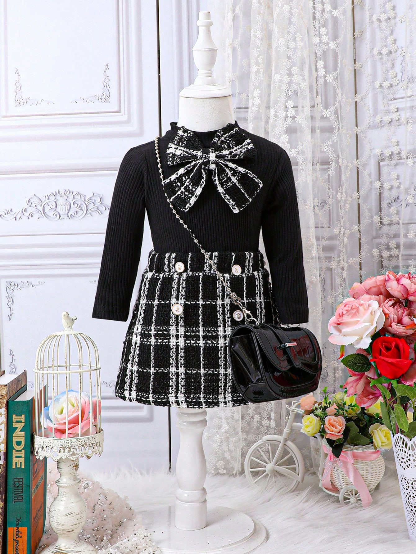 Baby Girl Plaid Print Bow Front Tee & Skirt | SHEIN