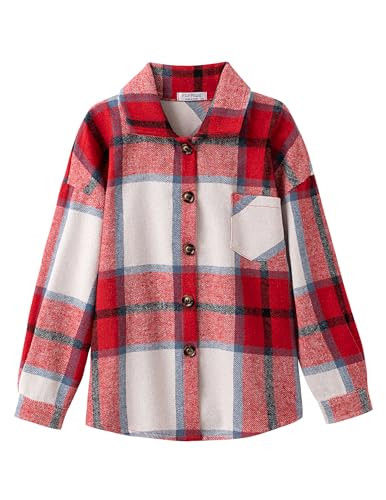 Flypigs Girls Flannel Shirt Jacket Button Down Long Sleeve Oversized Shacket Coat Loose Casual Blouse Tops with Pockets Red White Plaid 7-8 Years | Amazon (US)