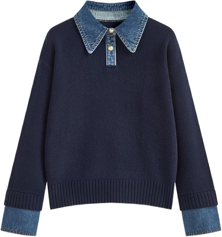 Womens Fall Oversized Long Sleeve Sweaters 2 in 1 Denim Panel Lapel Sweater Polo Knit Sweater Top... | Amazon (US)