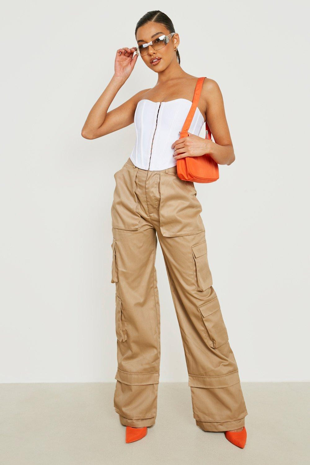Womens High Waisted Multi Pocket Wide Cargo Pants - Beige - 10 | Boohoo.com (US & CA)