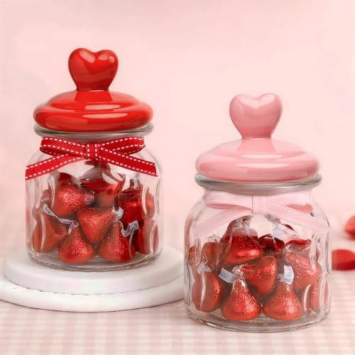 Valentines Day Glass Jar Decorations - 2 PCS Ceramic Heart Lid Glass Candy Jars (30oz) for Valentines Table Decor, Red & Pink Airtight Canisters for Sweets Chocolates Gift Table Center pieces | Amazon (US)