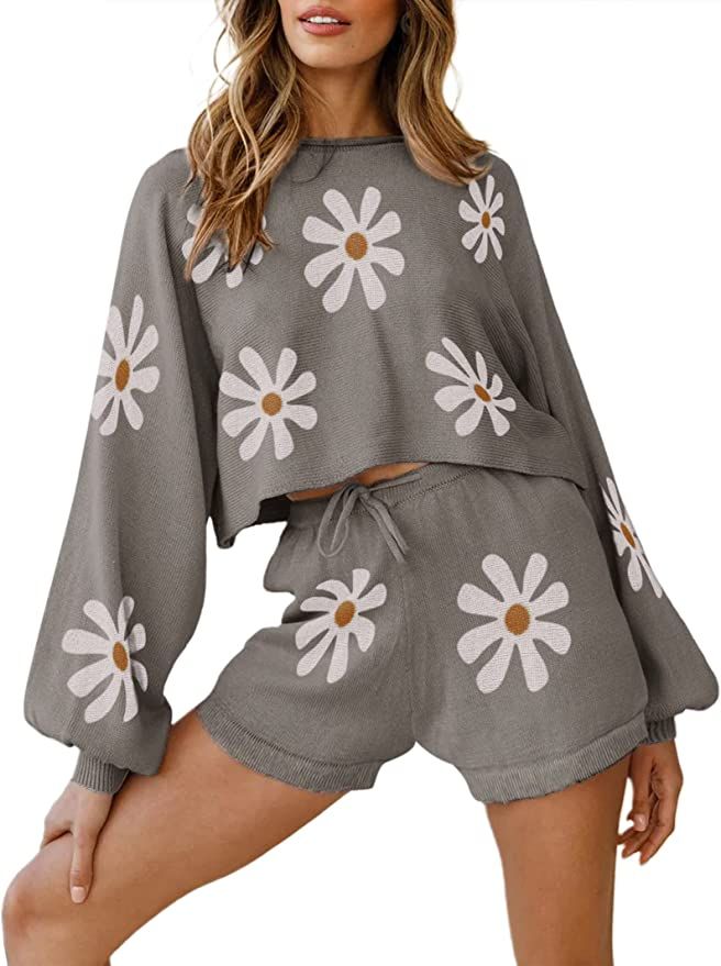 Ekouaer Pajamas Set for Women Soft Knit Lounge Sets Long Puff Sleeve Top and Shorts 2 Piece Outfi... | Amazon (US)