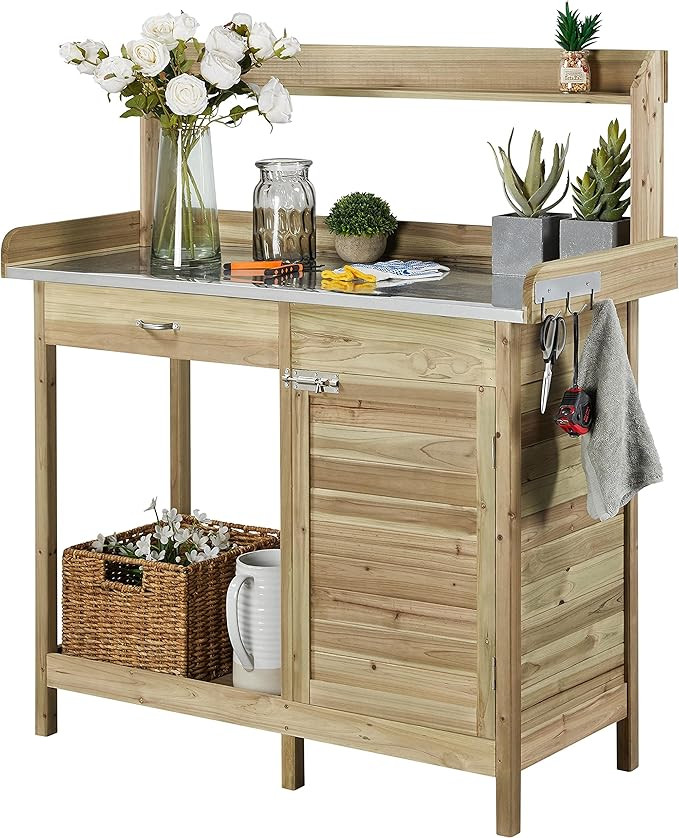 Yaheetech Outdoor Potting Bench Table, Garden Work Bench w/Metal Tabletop Work Station w/Cabinet ... | Amazon (US)