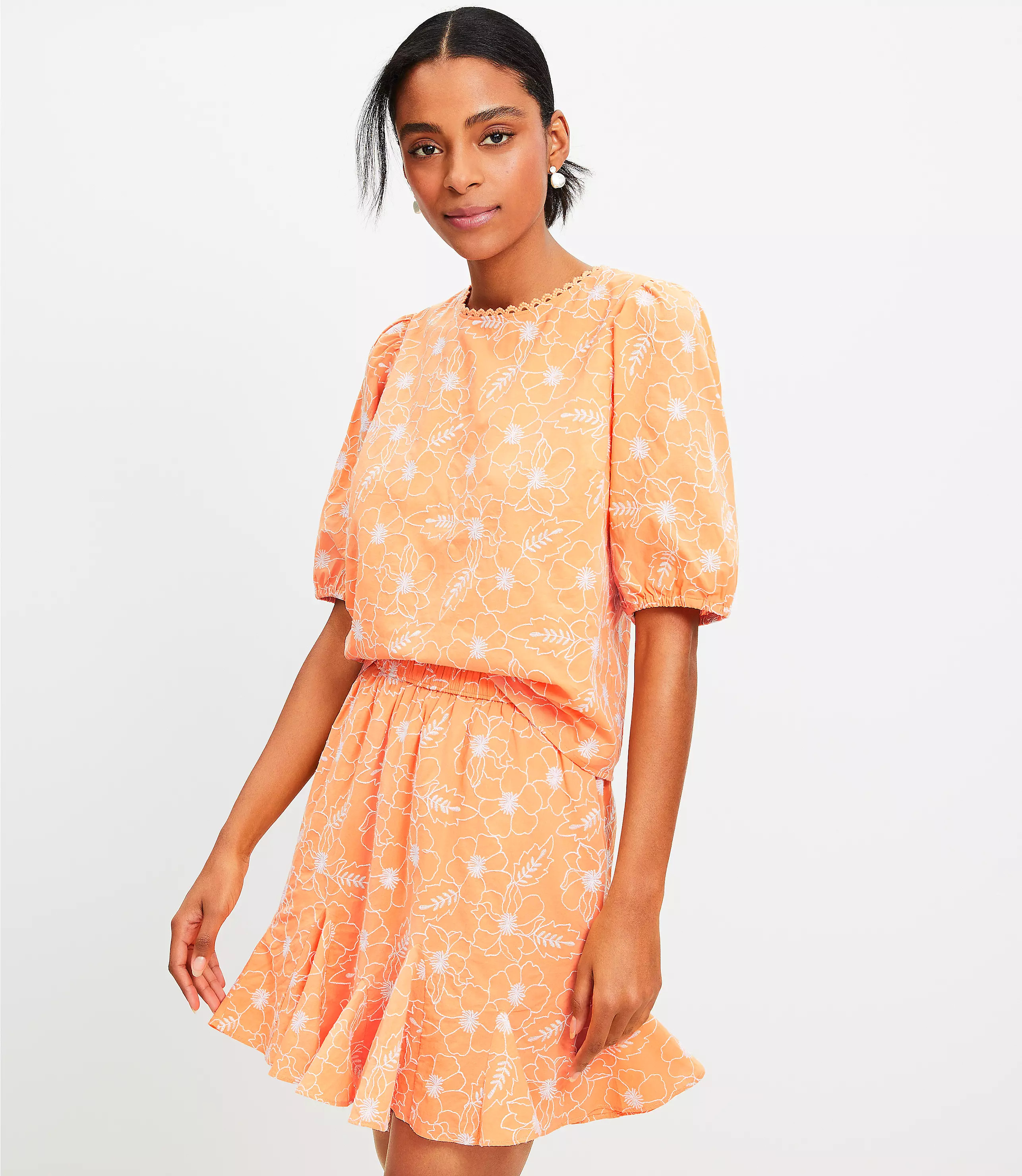 Garden Embroidered Open Back Puff Sleeve Blouse | LOFT