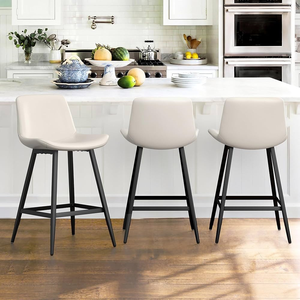 24 inch Counter Stool, Modern Bucket Barstool Set of 3, Barstools with Back and Footrest, Faux Le... | Amazon (US)