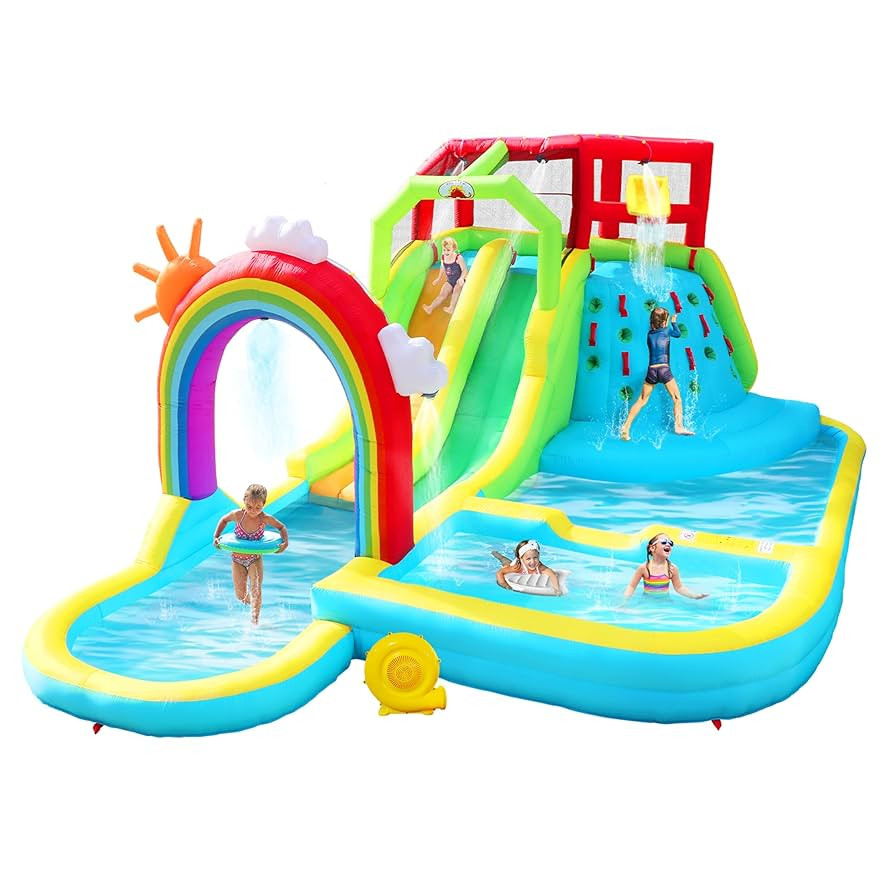Inflatable Water Double Slides Park with Blower, Bouncy Castle with Rainbow Water Curtain, with S... | Amazon (US)