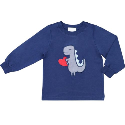 Navy Knit Applique Valentine Dinosaur Shirt | Cecil and Lou
