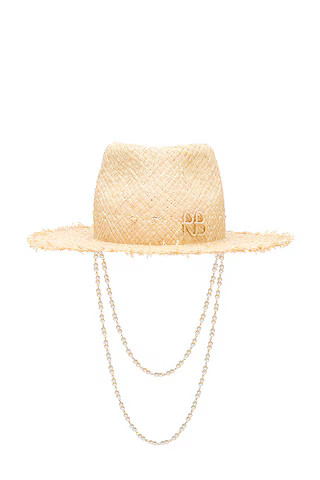 Pearl Chain Frayed Brim Fedora Hat in Natural Straw | Revolve Clothing (Global)