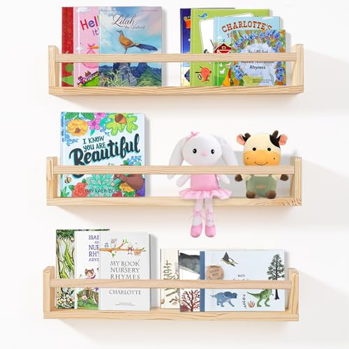 Book Shelves for Baby, Floating Book shelves for Wall, Sturdy Kids Bookshelf Beautiful Nursery Book Shelves Set of 3, Storage Perfect for Books, Toys, Photo Frames and Nursery Décor(Natural Wood) | Amazon (US)