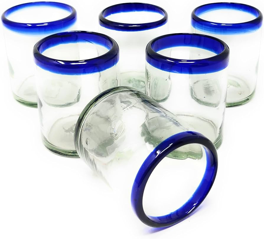 Hand Blown Mexican Drinking Glasses - Set of 6 Tumbler Glasses with Cobalt Blue Rims (10 oz each) | Amazon (US)