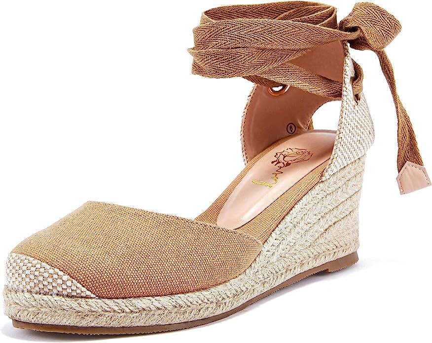 Ruanyu Womens Platform Espadrille Sandals Lace Up Closed Toe Summer Wedge Sandals | Amazon (US)