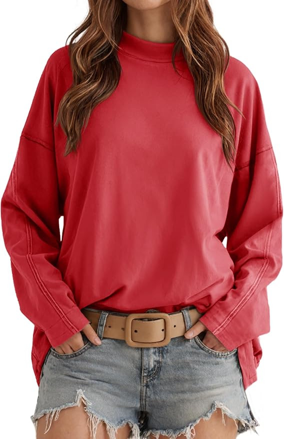 Tankaneo Womens Oversized Long Sleeve T Shirts Mock Neck Side Slit Tunic Tops Casual Loose Fit Te... | Amazon (US)