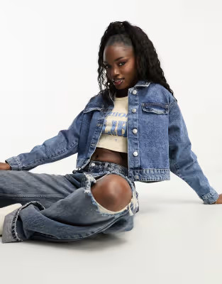 Pieces cropped denim jacket in blue | ASOS (Global)