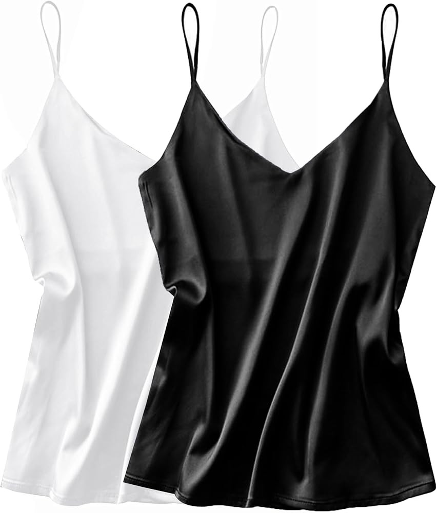Ekouaer Satin Tank Tops for Women Silk Camisole Tops 2 Pack V Neck Spaghetti Strap Blouse Soft Dr... | Amazon (US)