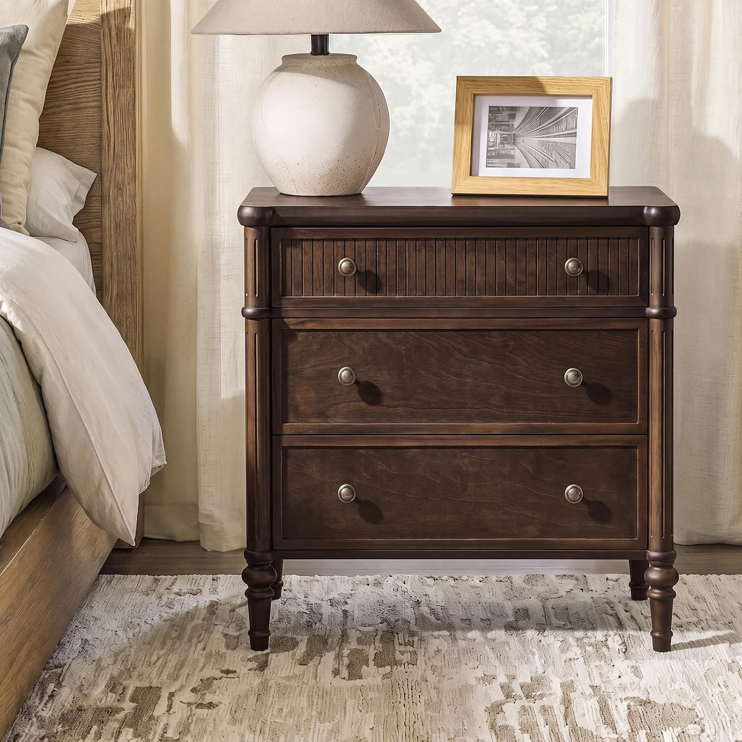 HULALA HOME Traditional End Table with Charging Station, Fluted End Tables with Wood Drawers and Solid Wood Spindle Legs, 28 Inch Wide Storage, Walnut | Amazon (US)