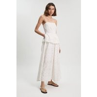 Karen Millen Cotton Broderie Peplum Bandeau Midi Dress in Ivory | Size 16 | Karen Millen