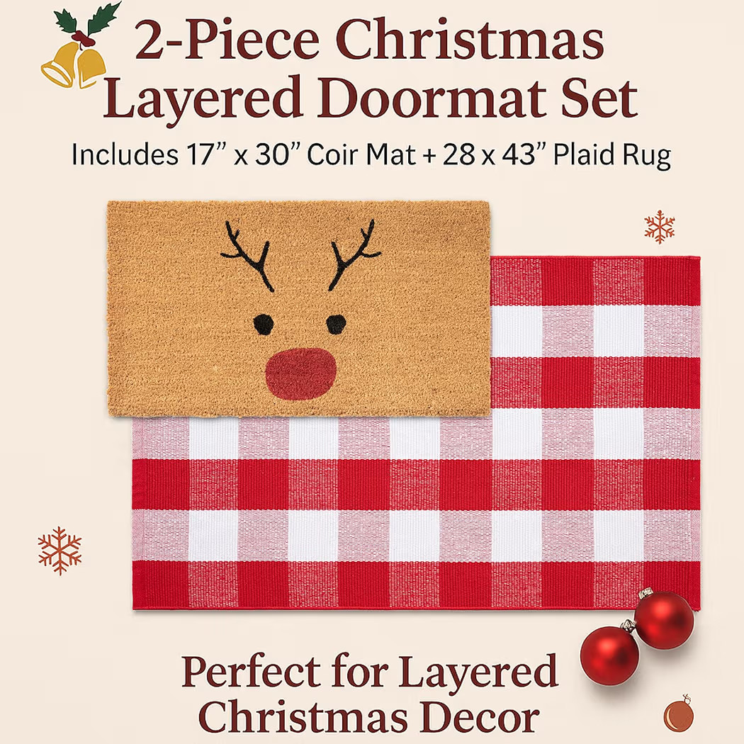 Christmas Door Mat Combo Set, 100% Coco Coir Welcome Mat + 28 x 43 Inches Red and White Plaid Rug... | Amazon (US)