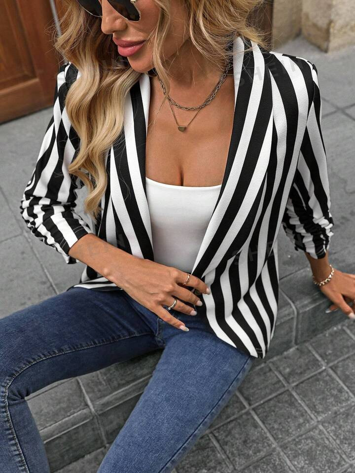 SHEIN LUNE Black & White Striped Puff Sleeve Women's Blazer Jacket, Suitable For Commuting & Casu... | SHEIN