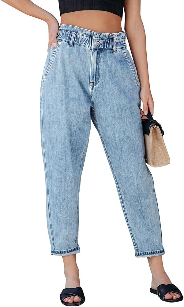 Viatabuna Paperbag Mom Jeans for Women Elastic Waist Denim Jogger Loose Boyfriend Cropped Harem J... | Amazon (US)