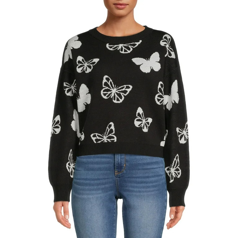 No Boundaries Junior's Cropped Print Sweater, Midweight, Sizes XS-XXXL | Walmart (US)