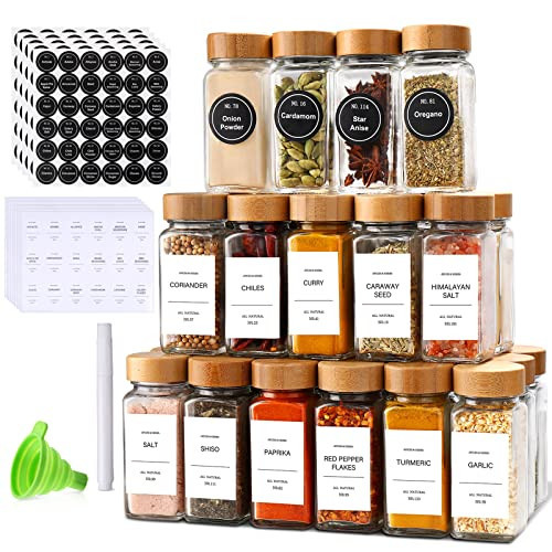 DIMBRAH Spice Jars with Label 24Pcs,Seasoning Containers,Glass Spice Jars with Bamboo Lids,Kitchen Essentials,Spices Container Set,Kitchen Set,Seasoning Organizer,Spice Rack Organizer for Cabinet | Amazon (US)