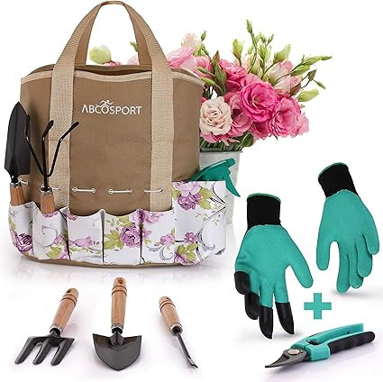 Garden Tools Set - 9 Piece Gardening Kit - Easy to Carry Tote Bag - Pretty Floral Design - Ergono... | Amazon (US)