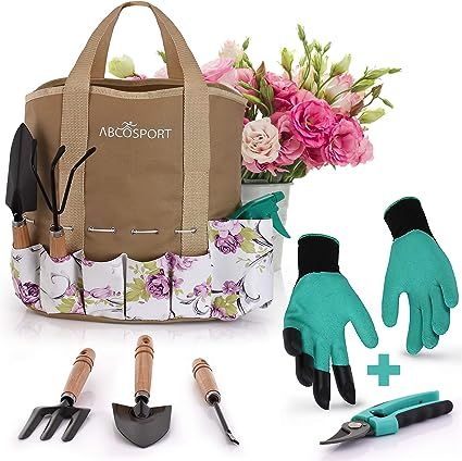 Garden Tools Set - 9 Piece Gardening Kit - Easy to Carry Tote Bag - Pretty Floral Design - Ergono... | Amazon (US)