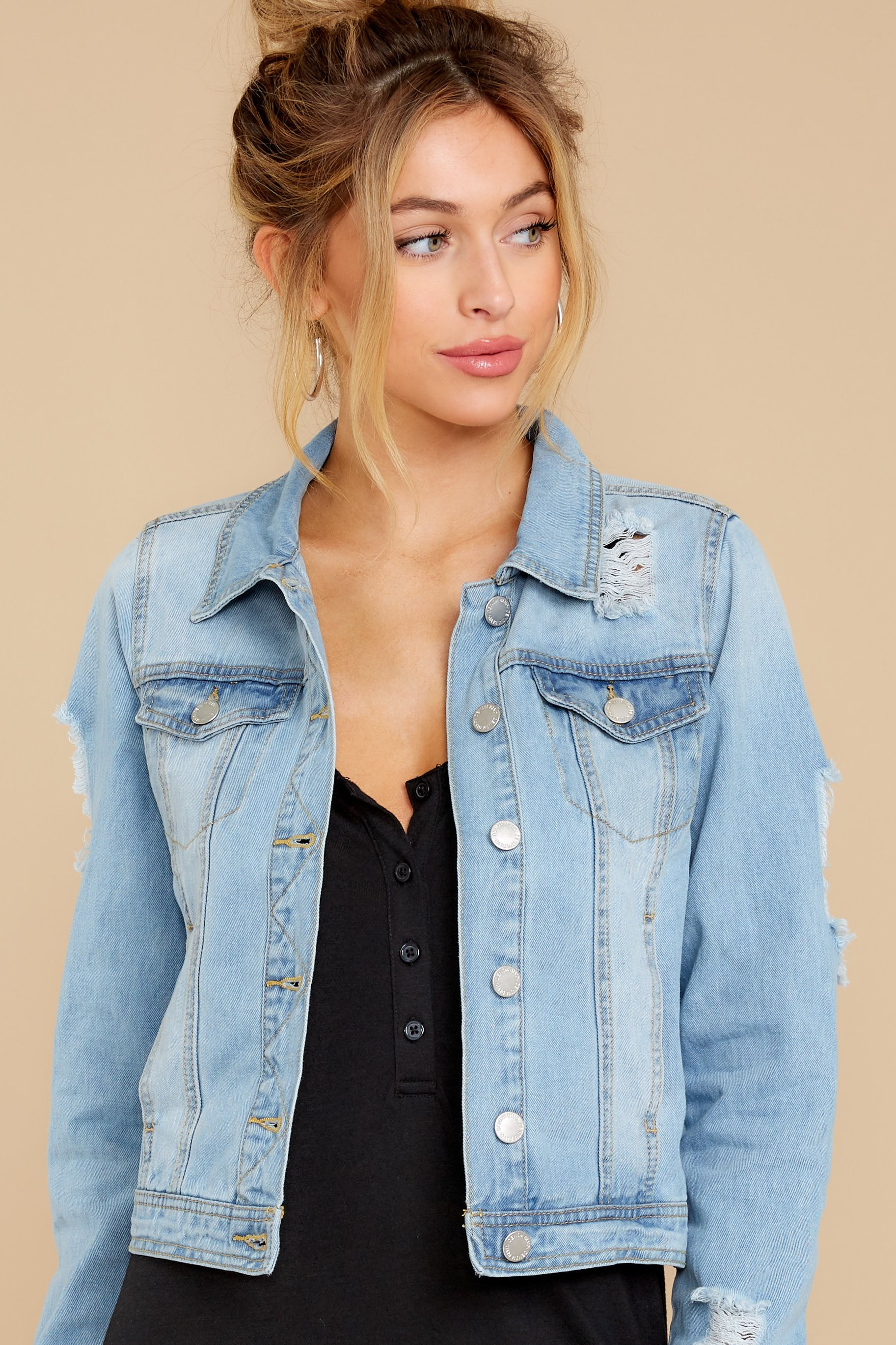 New Possibilities Light Wash Distressed Denim Jacket | Red Dress 