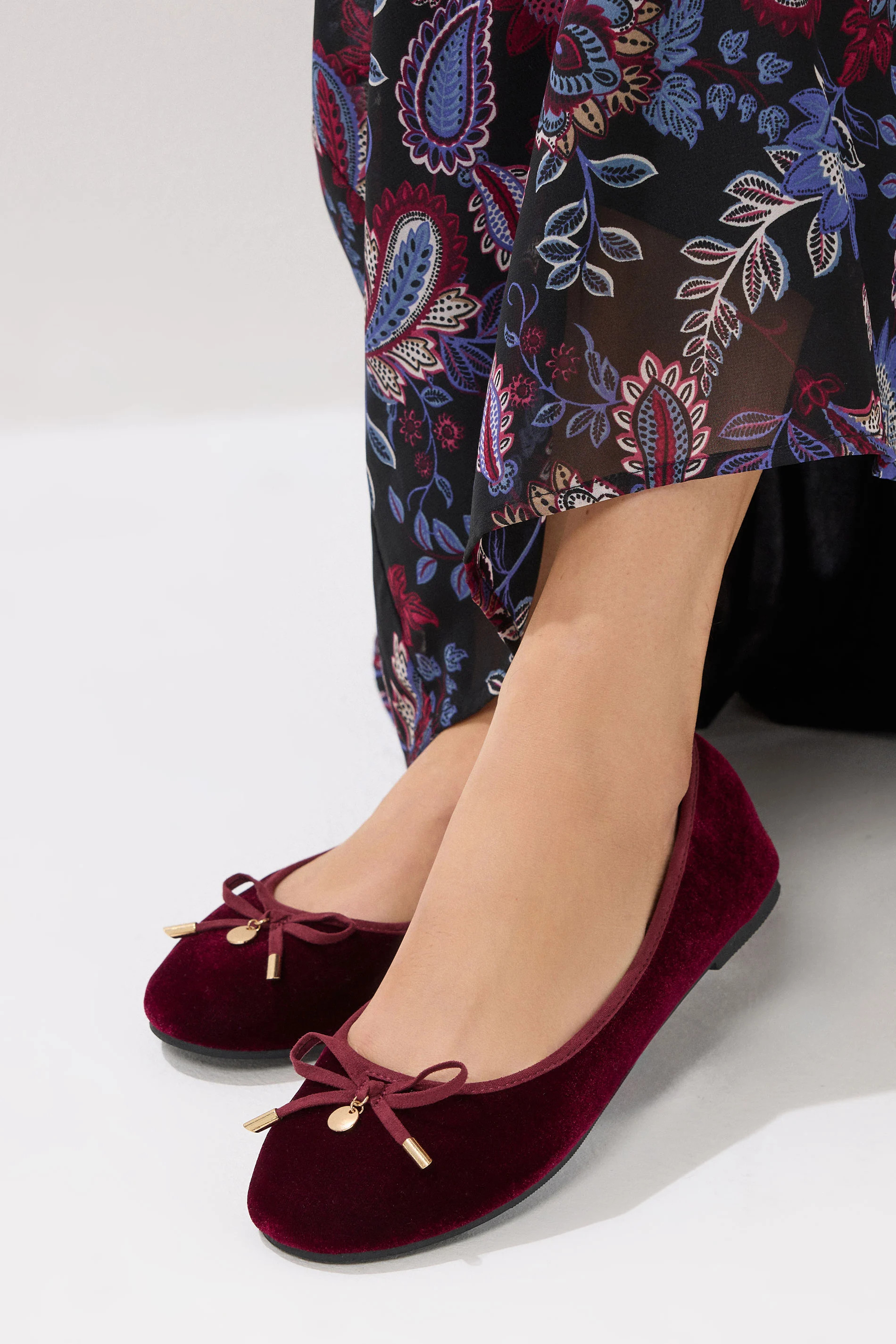 LTS Burgundy Red Velvet Bow Ballerina Pumps In Standard Fit | Long Tall Sally