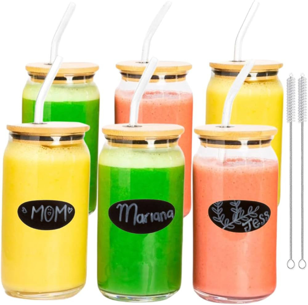 OMINA 6 Pcs Glass Cups with Lids and Straws | 16 oz Can Shaped Glass Cups | Whiskey, Beer and Ide... | Amazon (US)