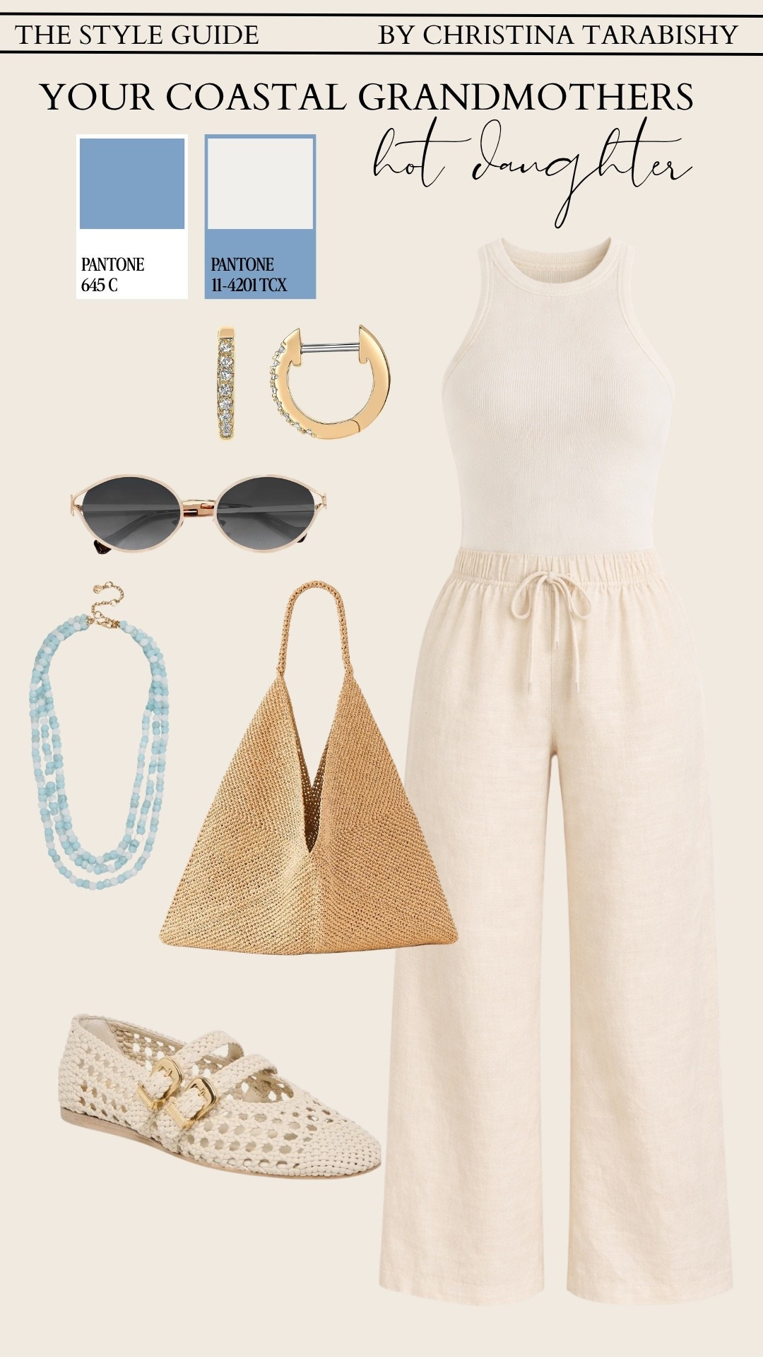 Cream ribbed tank, wide leg linen trousers, raffia tote, cream crochet Mary Jane flats, blue beaded necklace, gold huggie earrings, oval sunglasses.

linen trousers outfit, neutral spring outfit, raffia bag outfit, minimalist style, coastal grandmother aesthetic, quiet luxury outfit, spring neutrals, LTK style, monochromatic outfit, easy spring looks

#LTKOver40 #LTKootd #LTKSeasonal