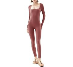 PUMIEY Jumpsuits for Women Square Neck Long Sleeve Bodycon Unitard One Piece Outfits Chill Collectio | Amazon (US)