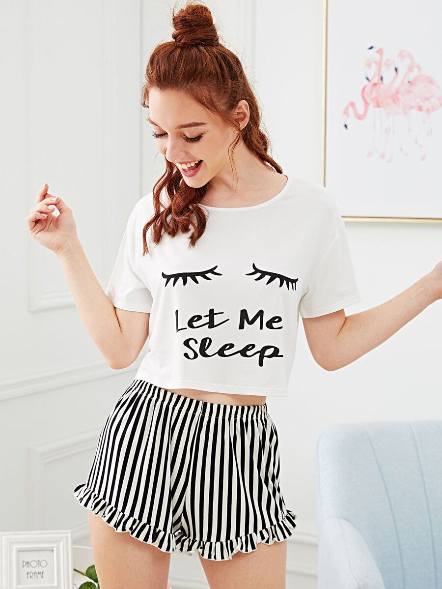 Graphic Tee & Frilled Striped Shorts PJ Set | SHEIN