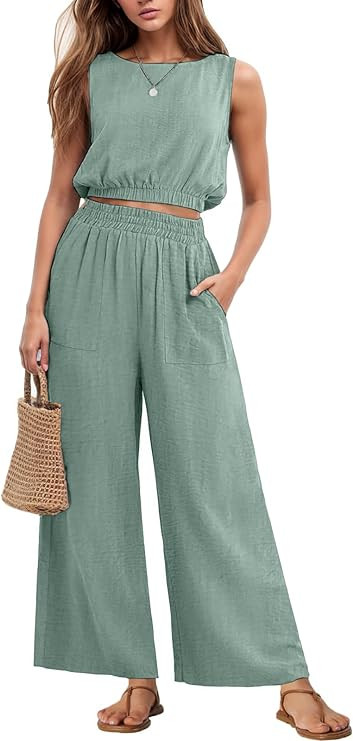 GRECERELLE Two Piece Sets for Women Sleeveless Crop Top Wide Leg Pants Sweat Set for Women Tracks... | Amazon (US)