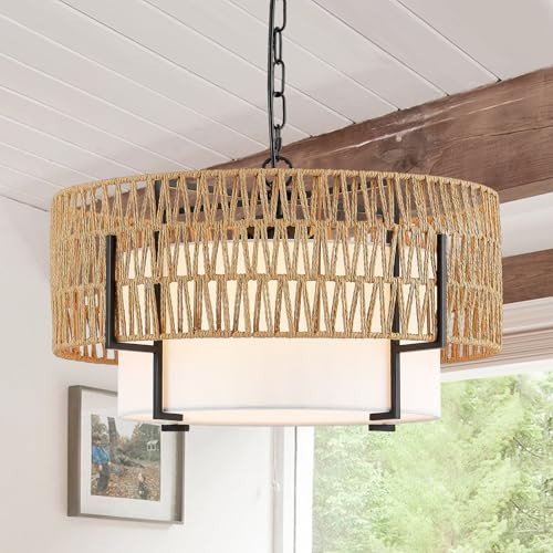 19.8’’ Boho Rattan Chandelier 4-Light Rustic Farmhouse Pendant Light Fixture with Fabric Lampshade Drum Chandelier for Dining Room Hand Woven Chandeliers for Kitchen Island Bedroom Entryway, UL Listed | Amazon (US)