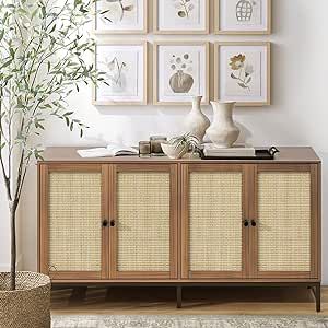 Credenza Rattan Buffet Cabinet, Sideboard Storage Accent Cabinet with 4 Wicker Doors, Wide Modern... | Amazon (US)