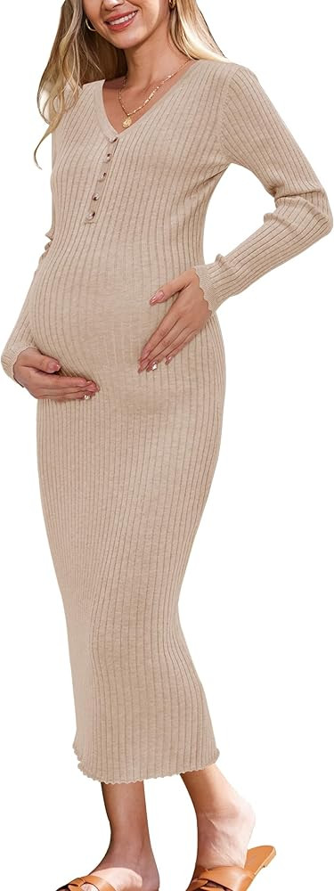 OUGES Women's 2024 Maternity Sweater Dress V Neck Long Sleeve Slim Fit Elegant Ribbed Knit Midi B... | Amazon (US)