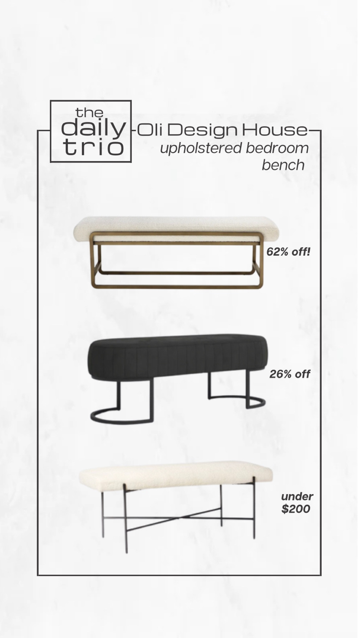 The daily trio

Black and white upholstered bedroom benches

Sherpa bench, gold bench, brass bench, black tufted bench, studio mcgee bench, bench on sale, modern organic home, neutral decor

#LTKsalealert #LTKhome #LTKFind