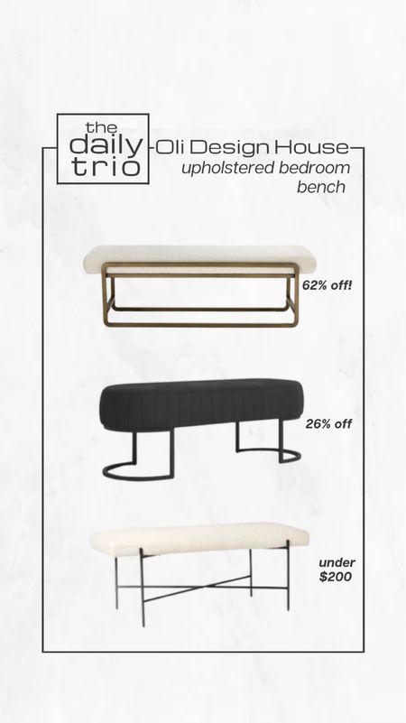 The daily trio

Black and white upholstered bedroom benches

Sherpa bench, gold bench, brass bench, black tufted bench, studio mcgee bench, bench on sale, modern organic home, neutral decor

#LTKsalealert #LTKhome #LTKFind