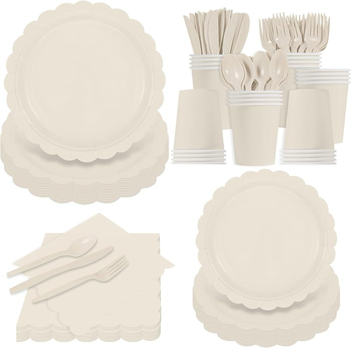 140Pcs Ivory Plates and Napkins, Beige Party Supplies Include Scalloped Cream Paper Plates Napkin... | Amazon (US)
