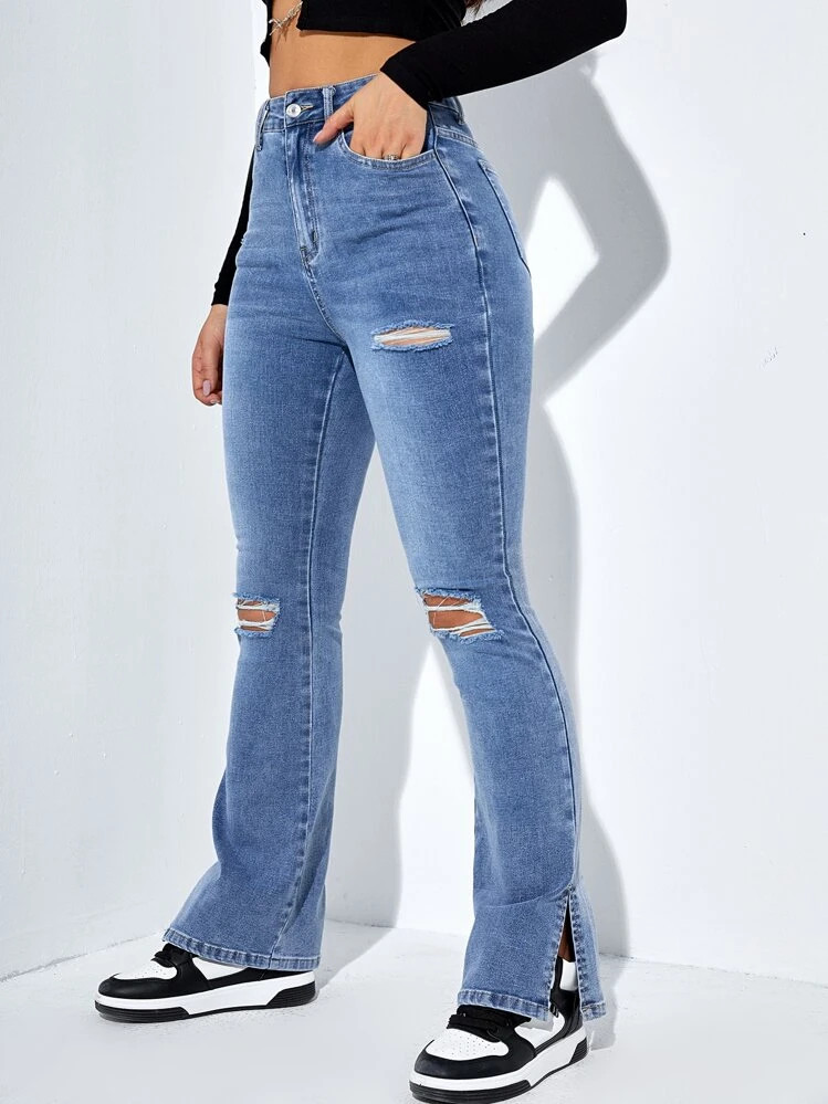 SHEIN ICON High Waist Ripped Frayed Split Hem Flare Leg Jeans | SHEIN