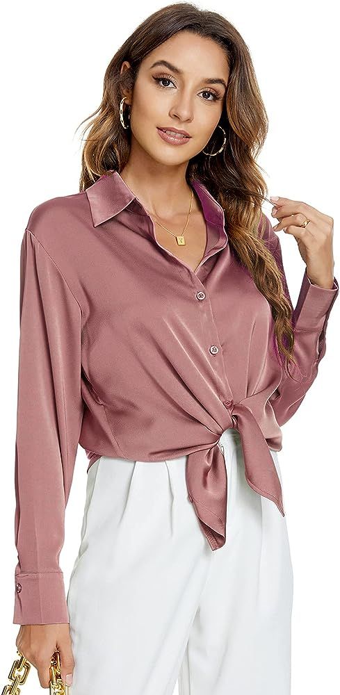 Atnlewhi Womens Long Sleeve Button Down Satin Silk Shirts Casual Business Smooth Blouse Tops | Amazon (US)
