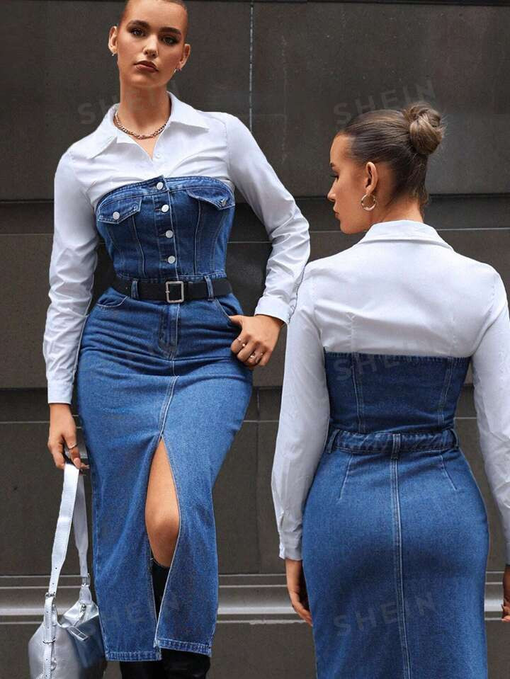 SHEIN Essnce 1pc Sexy Front Slit Denim Strapless Dress For Women Blue, Belt Not Included | SHEIN