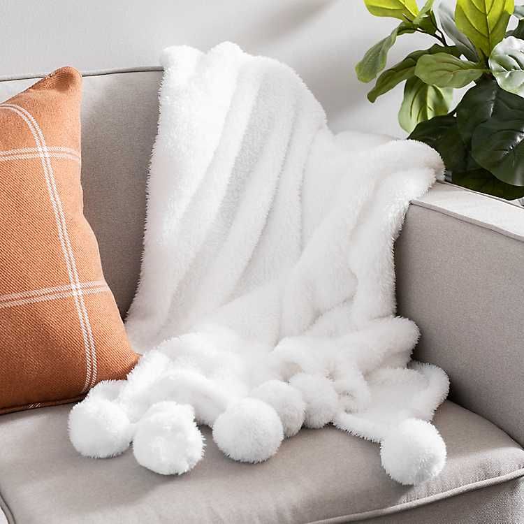 New! White Teddy Bear Pom Pom Throw | Kirkland's Home