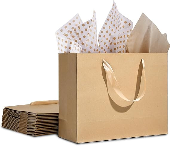 12 Pack Gift Bags Medium with Tissue bags, Kraft Paper Bag with Ribbon Handles, Brown Paper Gift ... | Amazon (US)